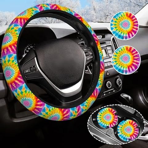 Rainbow Steering Wheel Covers Anti-Slip and Practical 14.5-15 Inch Universal Car Steering Wheel Cover with 2 Pieces Car Coasters Suitable for Men Women Cover