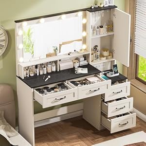 Farmhousevanitydeskwithmirrorand10ledlights453largemakeupvanitytablewithpoweroutlet5drawersand1cabinetvanitysetdressingtablewith9hooksforwomengirlswhiteblack Urban Country Home Decor Farmhouse vanity desk with mirror and 10 led lights 453 large makeup vanity table with power outlet 5 drawers and 1 cabinet vanity set dressing table with 9 hooks for women girls whiteblack urban country home decor