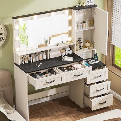 Farmhousevanitydeskwithmirrorand10ledlights453largemakeupvanitytablewithpoweroutlet5drawersand1cabinetvanitysetdressingtablewith9hooksforwomengirlswhiteblack Urban Country Home Decor Farmhouse vanity desk with mirror and 10 led lights 453 large makeup vanity table with power outlet 5 drawers and 1 cabinet vanity set dressing table with 9 hooks for women girls whiteblack urban country home decor
