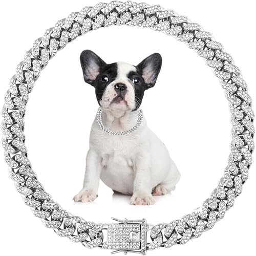Collare a catena per cani in argento, con diamanti sintetici, collana cubana in metallo con brillantini, larghezza 13 mm, gioiello per animali domestici, per cuccioli di taglia piccola, media e grande