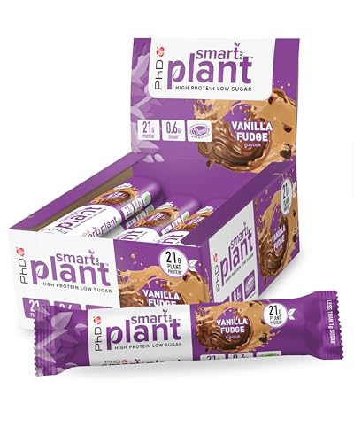 PhD Nutrition Smart Plant Bar Low Calorie High Protein Low Sugar Vegan Protein Bar/Protein Snacks Vanilla Fudge Flavour 20g of Plant Protein 64g Bar (12 Pack)