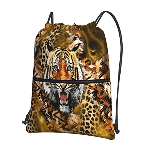 Tiger Sac à dos avec cordon de serrage Imprimé léopard Sac de sport Sac de yoga Sac à fermeture éclair pour randonnée, voyage, camping, entraînement, Noir , taille unique Cover