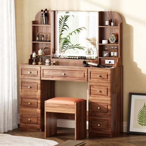 Arulvmrn 43 Makeup Vanity Desk with Mirror and Lights & Power Outl Glass Top Big Vanity Table with 9 Drawers& 8 Storage Shelves Dressing Table Set with Chair for Bedroom Brown