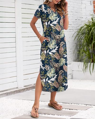 Image of MISFAY Women's Summer Maxi Dress 2026 Casual Short Sleeves V Neck Loose Sundress Split Long Beach T Shirt Dress