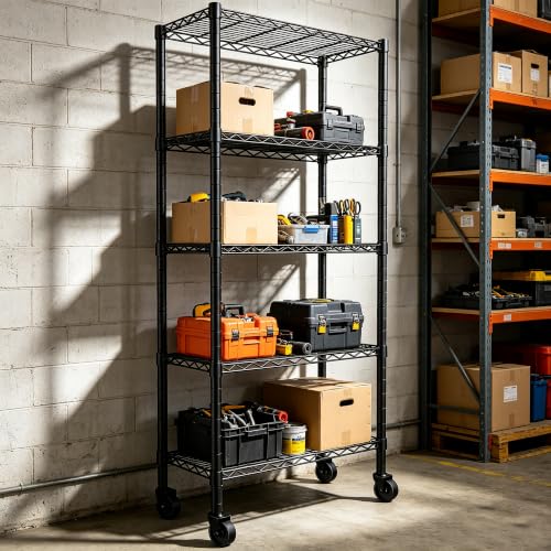Image of REGILLER 5-Wire Shelving Metal Storage Rack Adjustable Shelves,Standing Storage Shelf Units for Laundry Bathroom Kitchen Pantry Closet(Black,14.1 inch D x 30 inch W x 82 inch H,With Wheels)