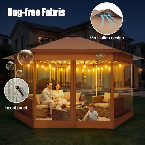 Image of COBIZI 16x16 Pop Up Gazebo Tent with Mosquito Netting, Gazebos on Clearance, Hexagonal Outdoor Canopy Shelter, Patented Center Lock 6-Sided Portable Gazebos, Pop Up Canopy Tent for Backyard, Brown
