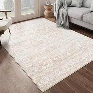 Soalmost 6×9 Area Rugs for Living Room, Stain Resistant Neutral Washable Rugs for Dining Room, Floral Vintage Non-Slip Thin Area Rug Farmhouse Rug Beige
