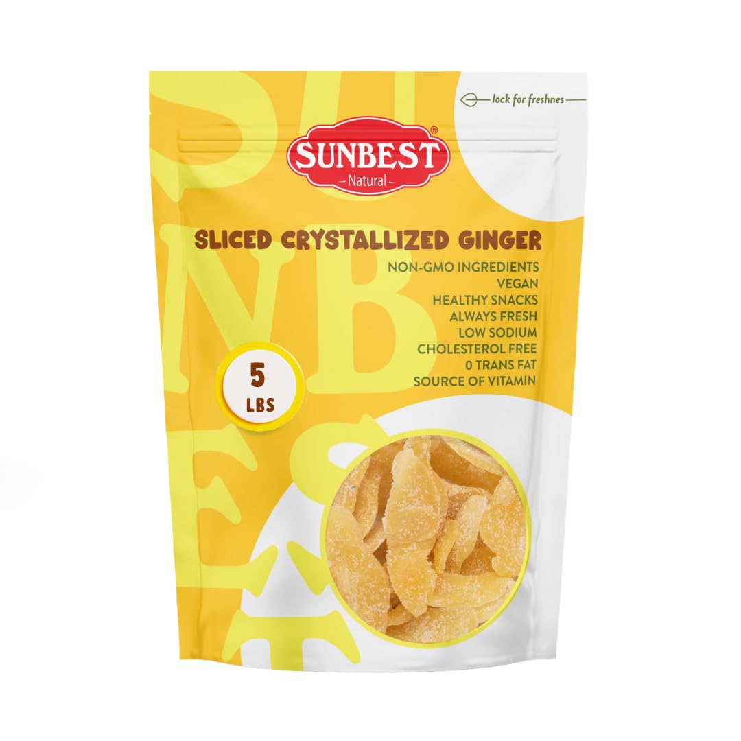 SUNBEST NATURALDried Ginger 80 Oz (5 LB) 1 Pack - Resealable Bag, Vegan & Kosher, Ideal for Snacking, Nutrient-Crystalised & Long-Lasting Freshness