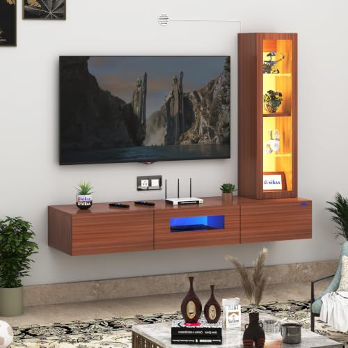 Image of Anikaa Lucen Ultra Modern Wall-Mounted TV Unit with Storage Cabinet and Light | 3 Flip-Down Storage Doors, Acrylic Shelves & Engineered Wood Construction | Fits Up to 43 Inch TV | Walnut Finish | DIY
