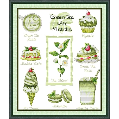 Image of Stamped Cross Stitch Kits Full Range of DIY Needlepoint for Adult Beginners Pattern, for Gift and Home Decor 14CT 2 Strands Green Tea,13.8x16.1 inch