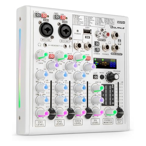 Bolanle 4-channel Mixer Professional Audio Mixer with Built-in Sound Card and Recording Function, USB Audio Interface/Bluetooth, Suitable for Podcasting, Karaoke, Studio Cover