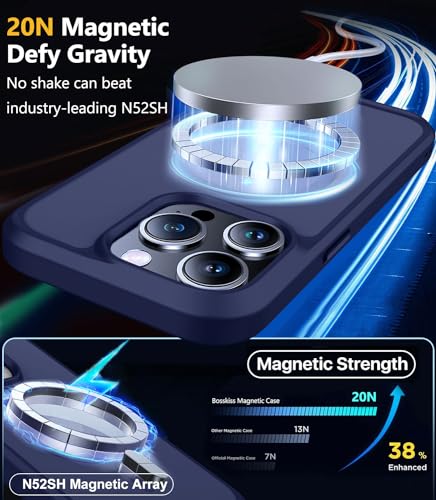 Image of BossKiss Compatible with iPhone 15 Pro Case, [Compatible with Magsafe] [Screen+Camera Protector] Magnetic Translucent Matte Women Men Girl Protective Cover for iPhone 15 Pro 6.1 inch, Deep Blue