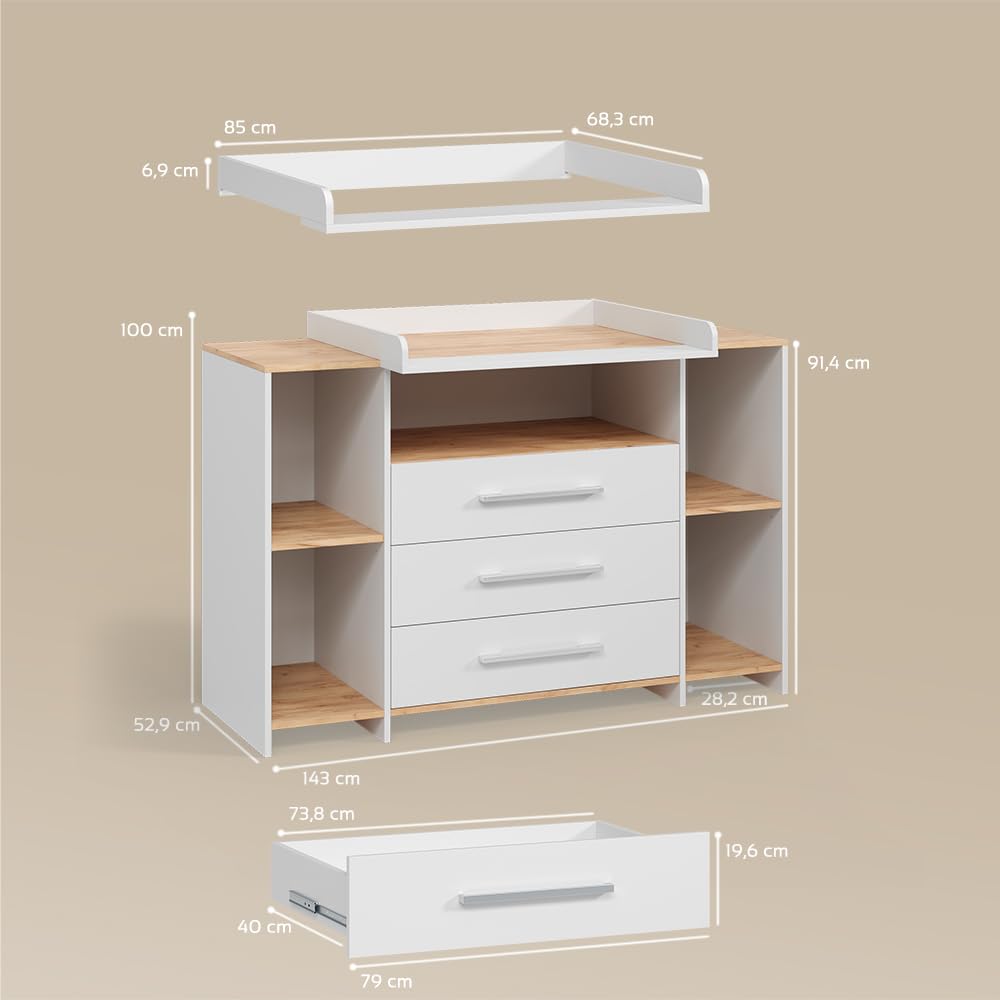 Livinity Cómoda Cambiador Torino, Roble Blanco/Dorado, con 3 cajones