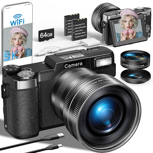 FLATIC 5K Digital Camera with WiFi, Cameras for Photography with 180°Flip Screen, Vlogging Camera with 64GB Card, Battery, Camera for Beginner, Teens