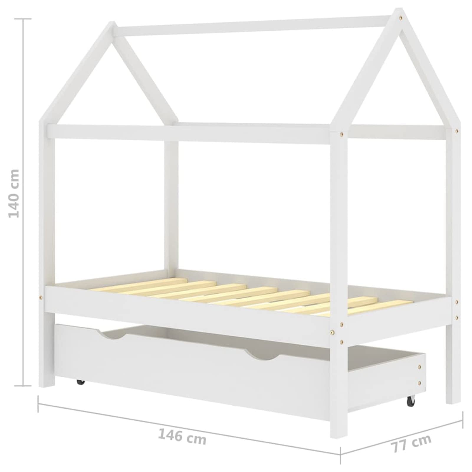 Chusui Kinderbett mit Schublade, Kinderbett, Hausbett, Betten, Kinder Bett, Weiß Massivholz Kiefer 70x140 cm