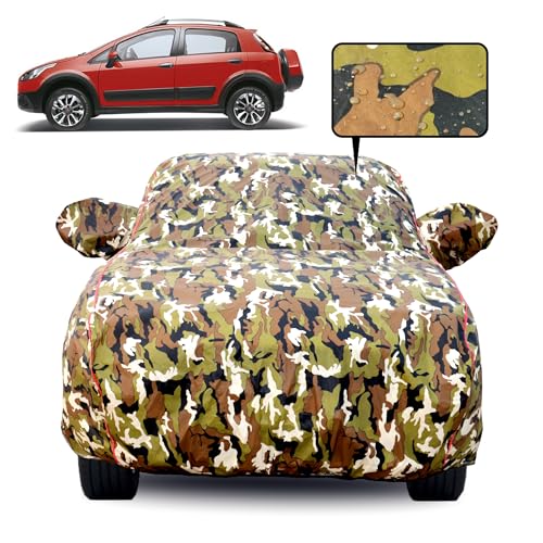 Image of 100% Waterproof Car Body Cover for Fiat Avventura with Mirror Pocket, Soft Cotton Lining, Triple Stitched, Full Bottom Elastic (Heat Resistant Jungle Print with Red Piping)