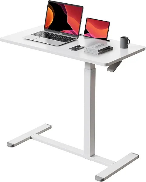 Gibbon Mounts Mobile Standing Desk, Pneumatic Adjustable Rolling Desk(31.5 Inches), Portable Laptop Desk with Wheels, Overbed Bedside Table Laptop Table for Couch, Home, Office, White