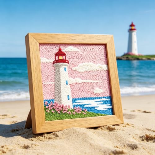 Image of BEUNITONE 2Set Punch Needle Kit with Frame for Adults Beginners, Lighthouse Needlepoint Crafts Kit for Adults, Complete Embroidery Starter Kits with Pre-Print Pattern for Gift Home Decor 9.4 inchx9.4 inch