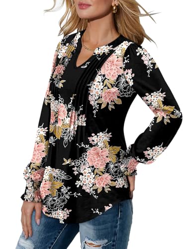 BETTE BOUTIK Long Sleeve Shirts for Women Fall Tops Dressy Blouses Pleated V Neck Tunic Tops for Leggings S-3XL