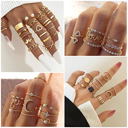 IFKM Gold Knuckle Rings Set For Women Vintage Stackable Joint Finger Midi Rings Dainty Cubic Zirconia Crystal Simple Twist Hollow Cute Pack Jewelry Gift (51 fasinon, Gold)3