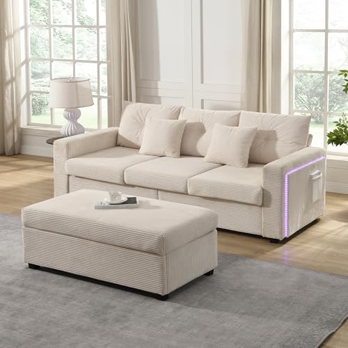 Sapgaks Canapé d'angle en Forme de L avec LED et Pouf Amovible surdimensionné,canapé 3 Places avec Coussin,Combinaison de canapé Moderne,Meubles de...
