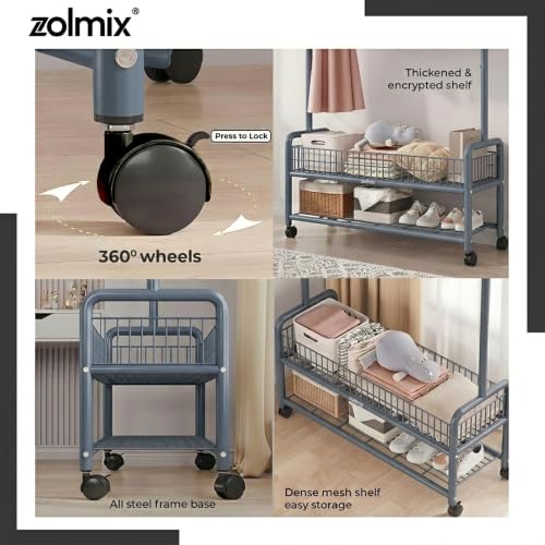 Image of ZOLMIX Metal Garment Rack With Wheels & 2 Bottom Mesh Shelves | Clothes Hanging Stand, Coat Hanger Stand For Home, Cloth Rack For Bedroom, Clothing Rack Organizer For Clothes, Bags & Shoes (Grey)