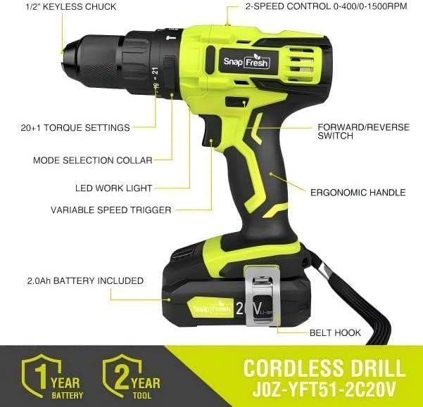 SnapFresh 20V Cordless Impact Drill-1/2" Power Drill/Driver Set,445in-lbs Torque Max,2 Variable Speeds, 43Pcs Bits w/case,2.0Ah Battery & Fast Charger Included, Power Tools - Image 7