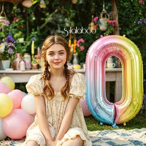 Image of Rainbow Gradient Number 0 Balloon 40 Inch Big Large Balloons 0-9 | 0th Helium Foil Mylar Number Balloons for Birthday Anniversary Party Decorations