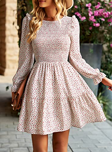 KIRUNDO Long Sleeve Dress for Women 2025 Summer Fall Wedding Guest Smocked Floral Crewneck Ruffle A Line Flowy Mini Dress2