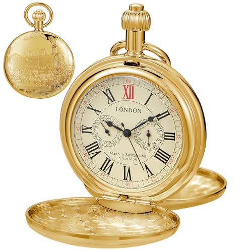 Image of Copper Pocket Watch Train Railroad Steampunk Mechanical London Hand Wind Double Case Mens Watches with Chains & Boxs Christmas Graduation Birthday Gifts Fathers Day(Gold)