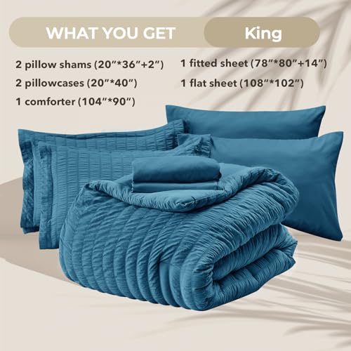 Image of HYMOKEGE Teal King Size Comforter Set Seersucker 7 Pieces, All Season Luxury Bed in a Bag for Bedroom, Bedding Set with Comforters, Sheets, Pillowcases & Shams