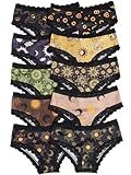Morvia Women's Gothic Halloween Hipster Panties, Black Lace Trim, 10 Pack Spooky Pattern Collection with Bats, Skulls (US, Alpha, Medium, Regular, Regular, 10pcs Moon & Stars)