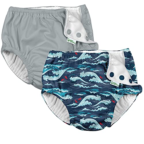 i Play (2 Pack) Boys Reusable Absorbent Baby Swim Diapers - Swimming Suit Bottom | No Other Diaper Necessary Navy Tidal Waves and Grey 6 Months