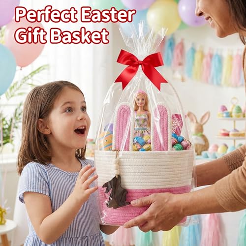 Image of Pro Goleem Easter Basket for Kids, Adorable Woven Egg Hunt Bucket with Handle, Soft First Easter Gift Tote Bag, Nursery Toy Storage Bin with Tag(Pink)
