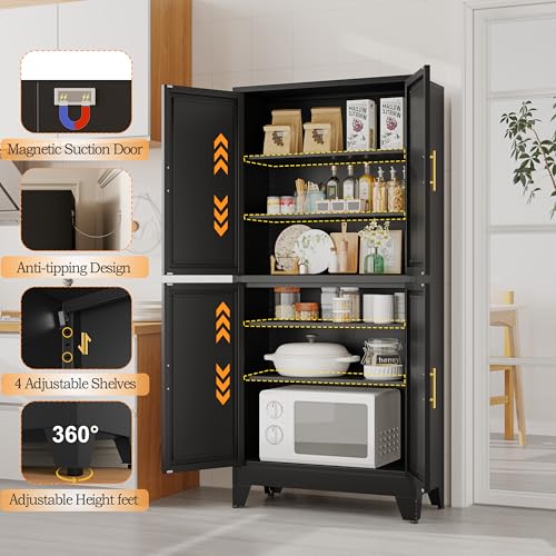Image of GAIOUS 75.2 inch Tall Metal Pantry Cabinet, Storage Cabinets with 4 Door and 4 Adjustable Shelves, Black Kitchen Pantry Storage Cabinet, Freestanding Cupboard for Kitchen Dining Room Living Room Bathroom