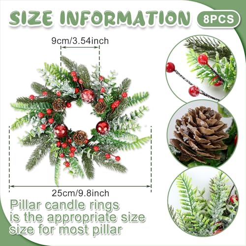 Image of 8 Pcs Christmas Candle Rings Wreaths Artificial Snowy Pine Cedar Red Berry Clusters Candle Rings Wreaths Mini Christmas Balls Wreath for Xmas Winter Front Door Window Decorations