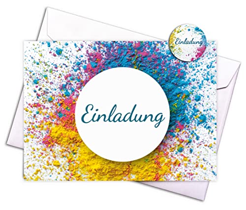 15 Einladungskarten & 15 Umschläge & 15 Aufkleber Holi – bunte Klappkarten im Qualitätsdruck als Set für Geburtstag, Feier, Party, für besondere Anlässe.