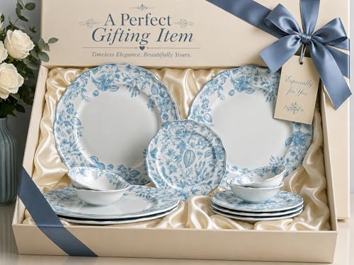 Image of Bodhi House Porcelain Dinner Set 12 Pieces - Blue Leaf White Dinnerware Set | 4 Dinner Plates, 4 Quarter Plates, 4 Katori Bowls | Premium Crockery Set for Dining, Kitchen & Gifting