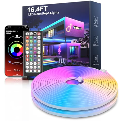 Fussion Led Neon Rope Lights 16.4Ft,RGB Led Strip Lights with App/Remote Control Music Sync Gaming Lights Outdoor IP67 Waterproof,Flexible DIY Design for Bedroom,Living Room,Party Decor