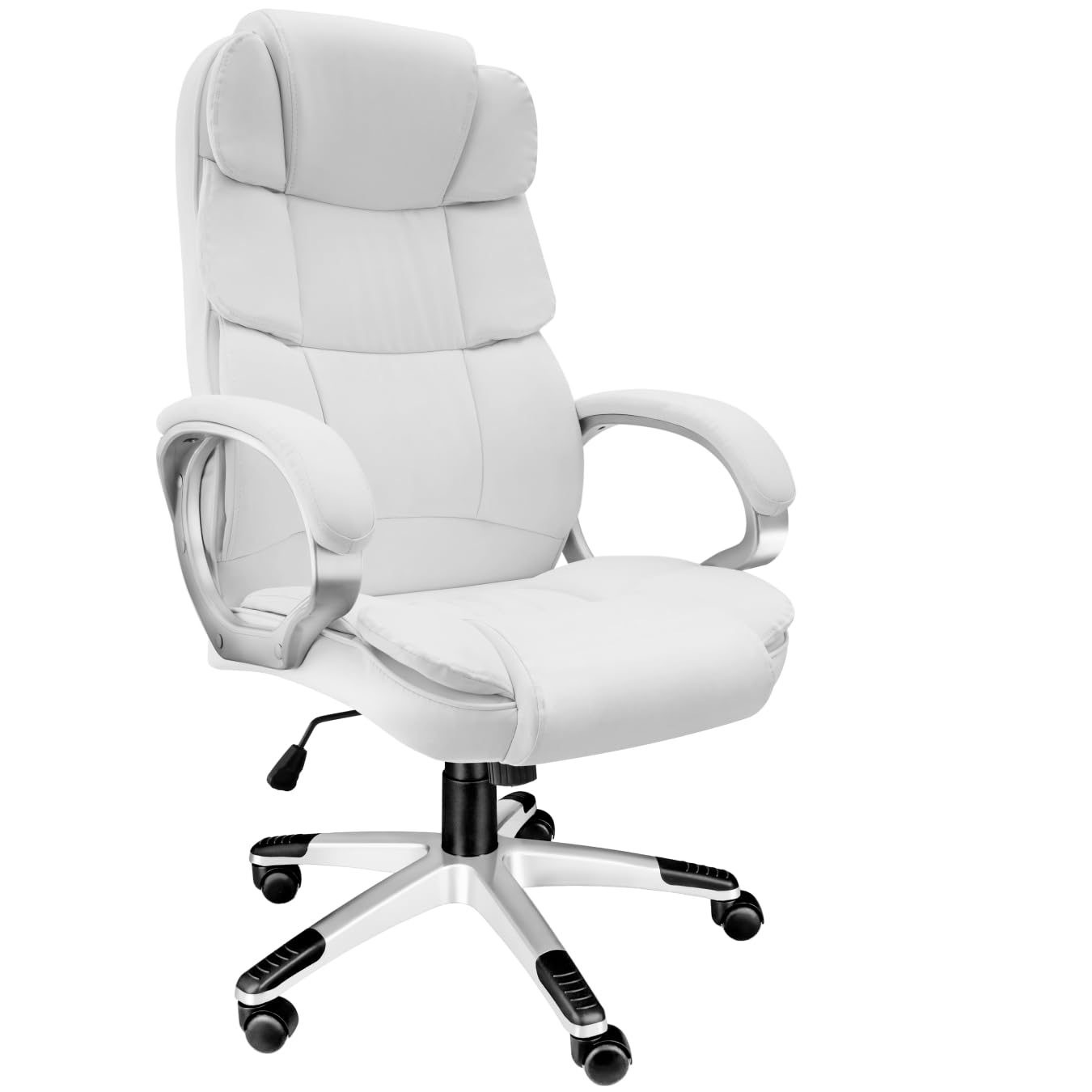 TecTake® Silla de Oficina Ergonómica, Piel Sintética, Giratoria, con Reposacabezas Acolchado y Ajuste de Altura, Base con Ruedas, Sillón Escritorio, Amortiguador de Seguridad - Blanco