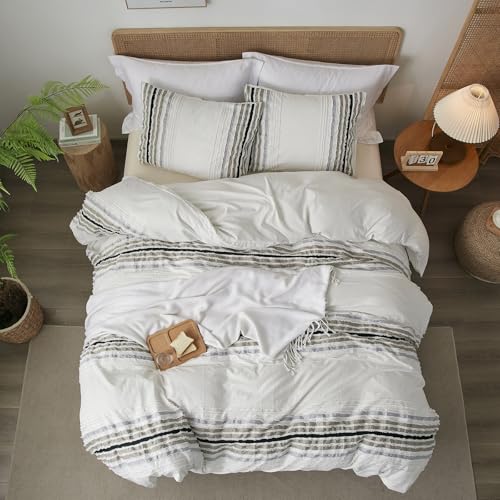Image of Tufted Stripe Ombre King Size Duvet Cover with 2 Pillow Shams,No Comforter | Soft Brushed Microfiber, Button Closure, 4 Corner Ties, Jacquard Weave, All Seasons, White Ombre Duvet Cover King 104x90 in