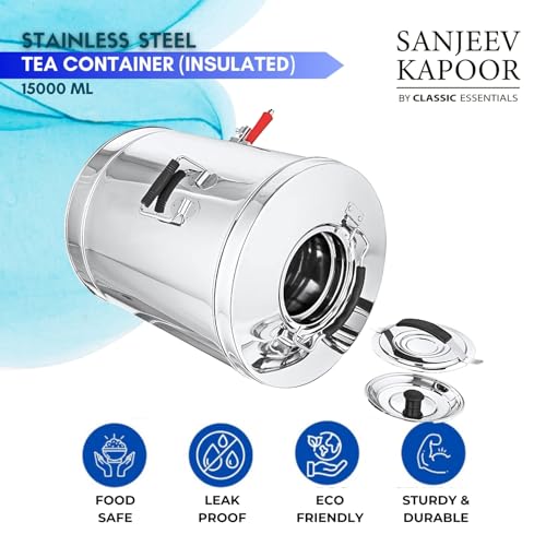 Image of Sanjeev Kapoor by Classic Essentials Stainless Steel Tea Container Liters with Leak Proof Tap | Milk | Soups | Coffee Tea Pot | Eco Friendly Hot & Cold Tea Pot Dispenser (15L)