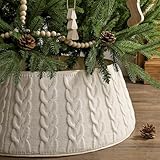 Knitted Christmas Tree Collar: Cream White Double Cable Knit Vertical Crochet Tree Ring, Rustic Boho Thick Chunky Christmas Tree Base Cover for Artificial Trees Farmhouse Xmas Holiday Home Décor Gifts
