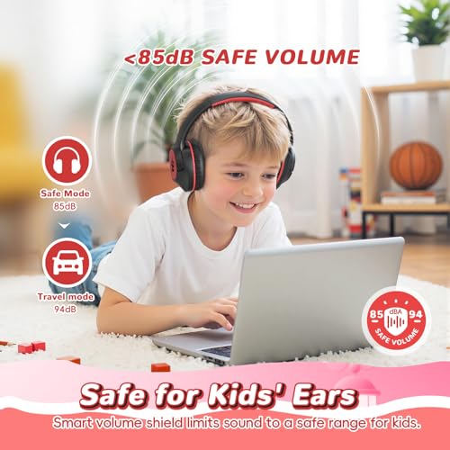 Image of Kids Bluetooth Headphones with 85H Playtime Without LED, Safe Volume 85 /94dB Wireless Headphones for Kids, Bluetooth 5.4 Over-Ear Toddler Headset for Boys Tablet /Airplane / School (Atrous & Red No LED)