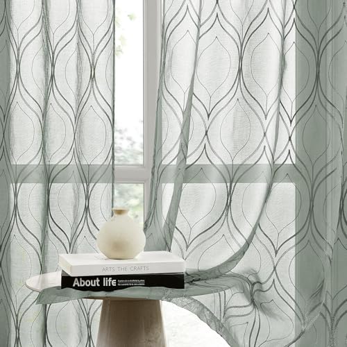 HOMEIDEAS Sage Green Sheer Curtains, 52 x 84 Inches Long Moroccan Embroidered Pattern Rod Pocket Semi Sheer Curtains, Faux Linen Light Filtering Drapes for Living Room/Bedroom, 2 Panels