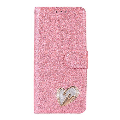 HONHULEE Funda para Huawei P20 Lite, funda de piel sintética de alta calidad, con cierre magnético, con tarjetero, función atril, con forma de corazón, color rosa