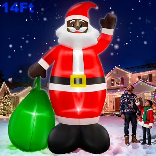 14 Ft by 8.5 Ft Giant Christmas Inflatable Black Santa Holding Gift Bag African American Christmas Decorations Blow up Xmas Decor Built in LED Lights for Yard Lawn Garden