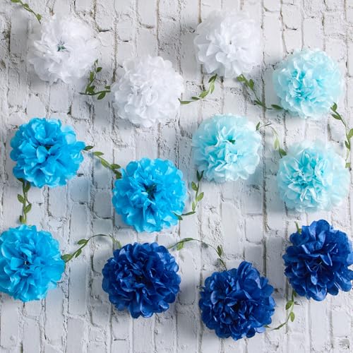Image of Gradient Blue Tissue Paper Pom Pom Garlands, Paper Flowers for Birthday Decorations, Baby Shower, Wedding Engagement, Bridal Shower, Spring Summer Party Decorations