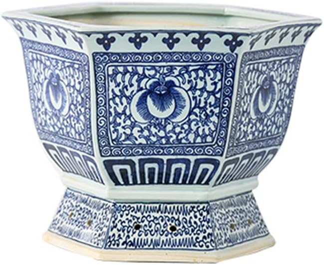 Blue and White Porcelain Octagonal Flower Pot Chinese Style Ceramic Retro Floor Planter Large Potted Flower Pot Breathable Drainage Ceramic Flower Pot