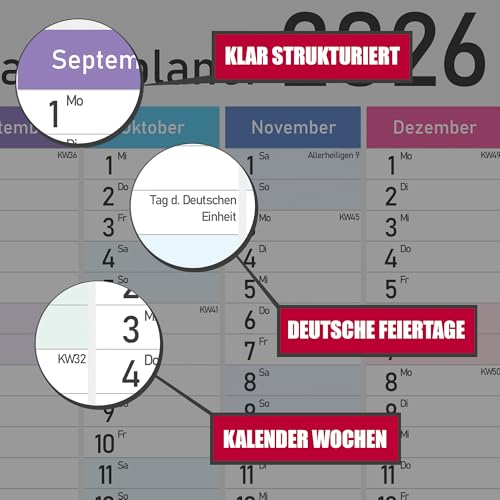 XXL Jahreskalender 2026 - Wandkalender - Jahresplaner A1 (84x59 cm), Wandplaner mit Kalenderwochen, Feiertagen - Großformat Kalender für Büro, Familie und Schule, Wall Calendar, Plakatkalender (2026)